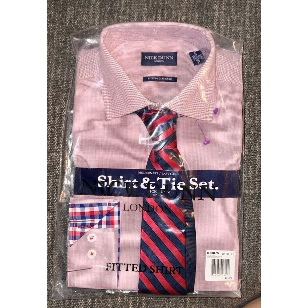 Nick Dunn London Shirt &Tie Set Fitted Easy Care Pink Stripe SP 32-33 NEW IN BOX